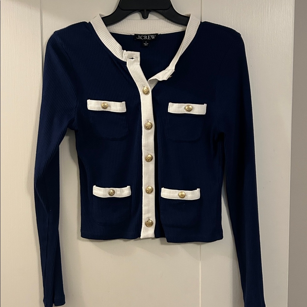 J. Crew Blue and White Cardigan with Gold Buttons